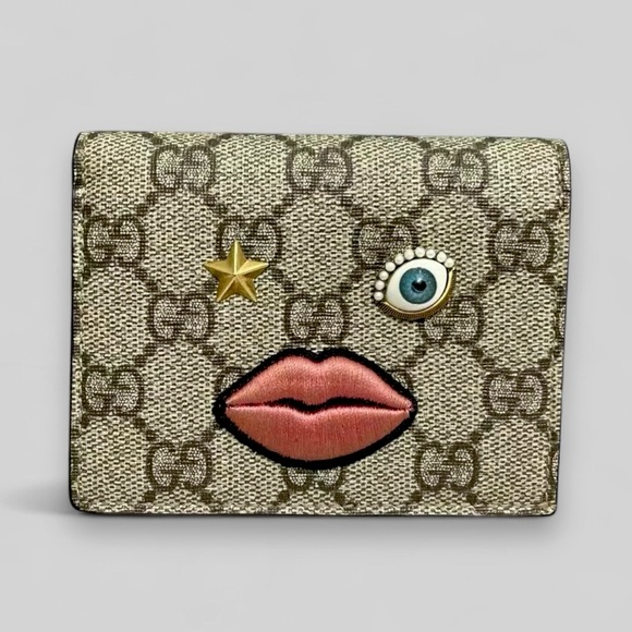 Authentic Gucci GG supreme monogram Face embroidered card wallet pink - Picture 1 of 9